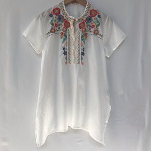 JOHNNY WAS MIKONES HINGA EMBROIDERED TUNIC WHITE S